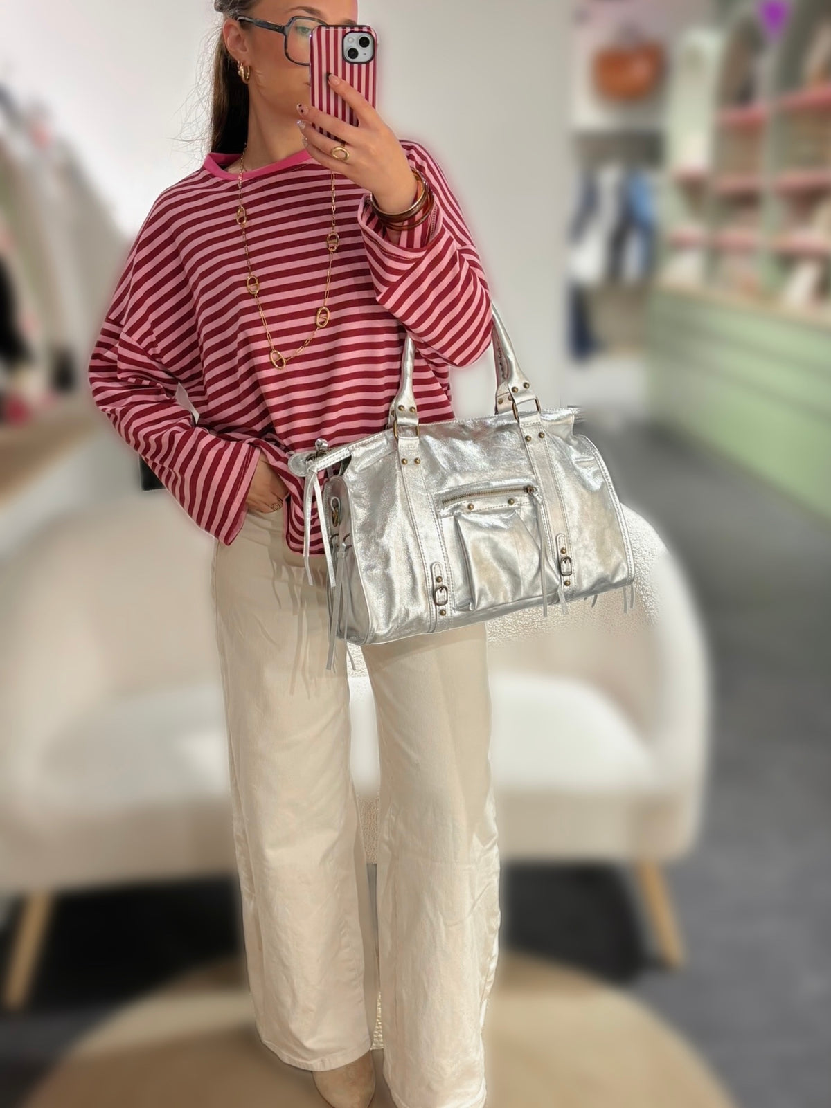 Sac PANAM cuir argenté GRAND modèle