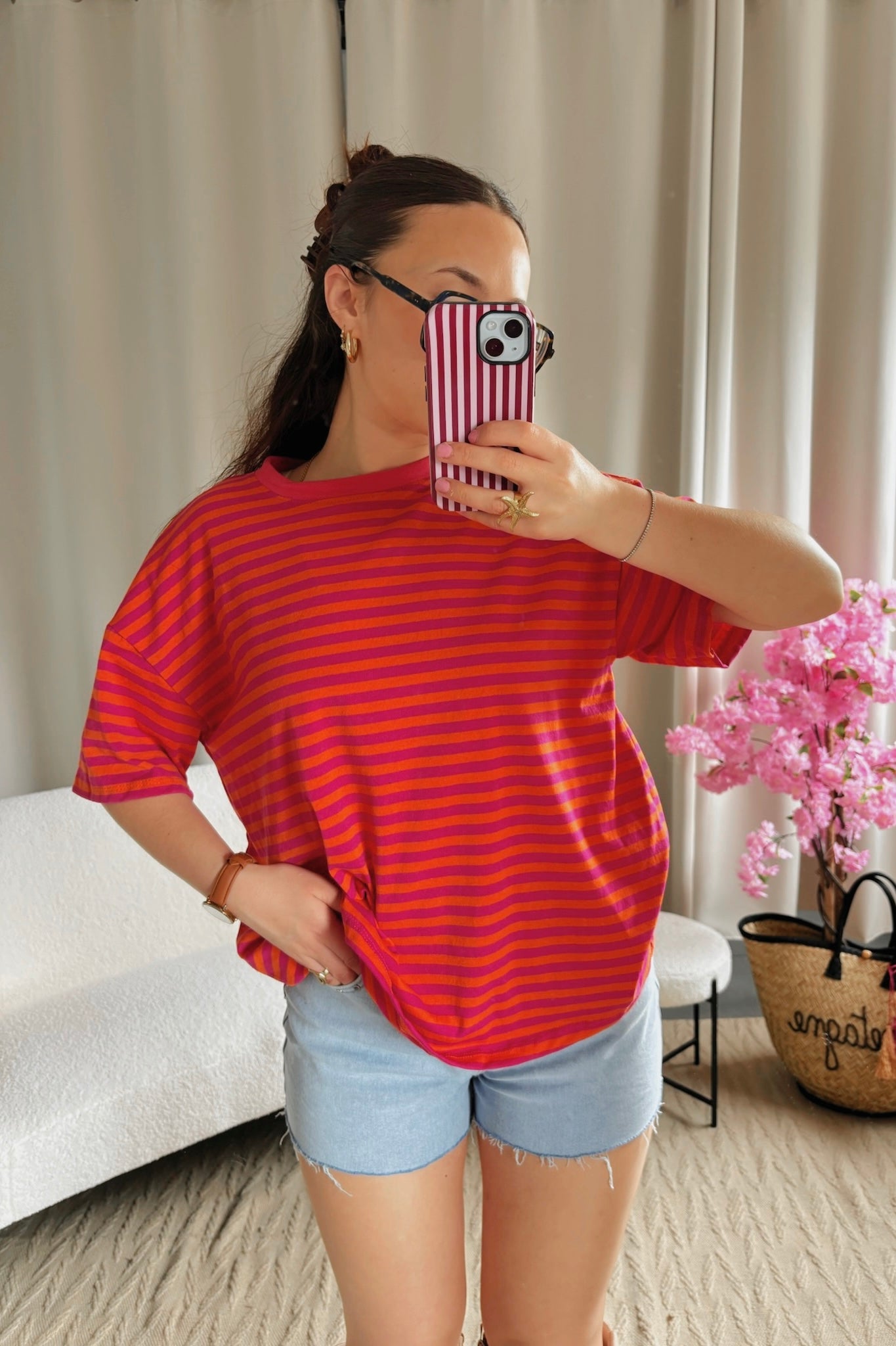 T-shirt MARINE orange et rose fuchsia