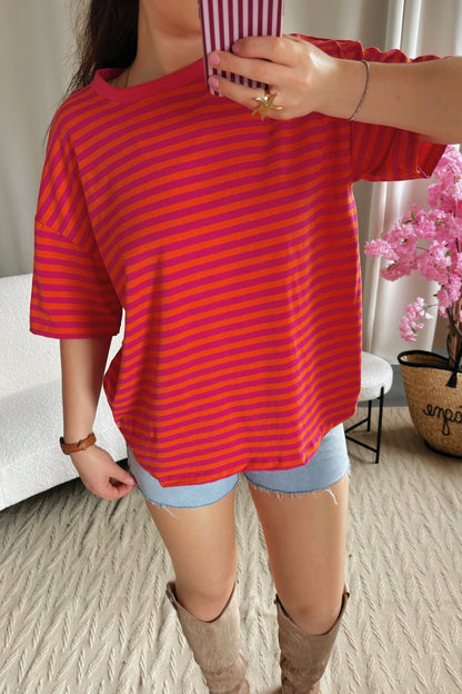 T-shirt MARINE orange et rose fuchsia