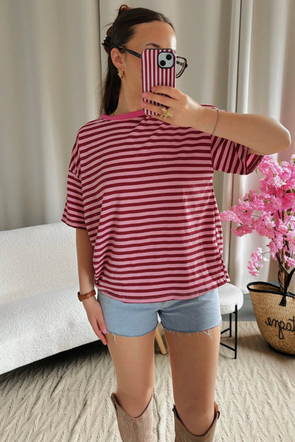 T-shirt MARINE bordeaux et rose