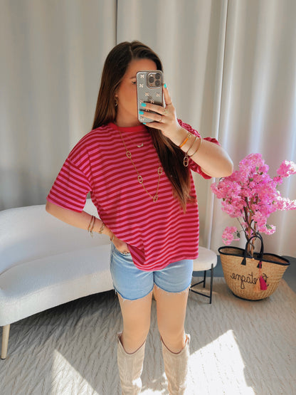 T-shirt MARINE rose et rouge