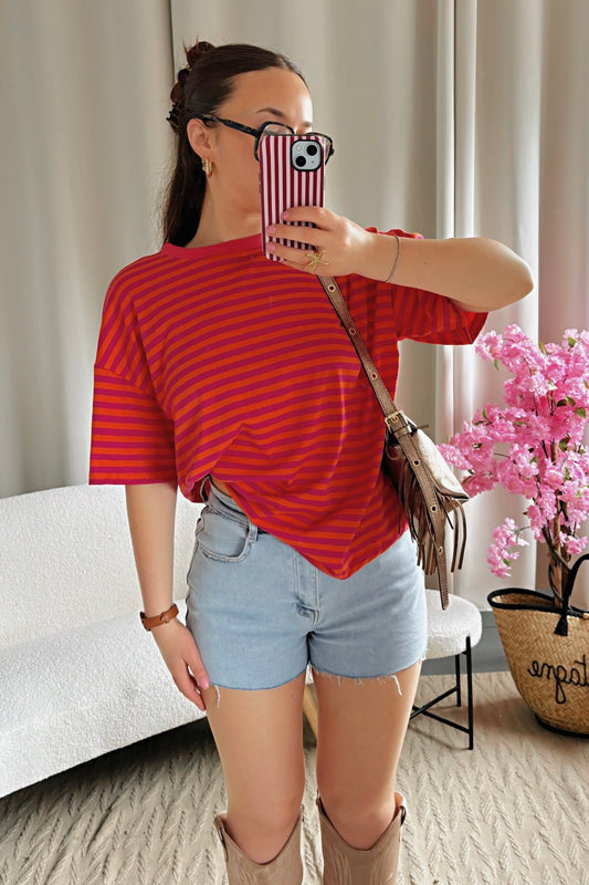 T-shirt MARINE orange et rose fuchsia