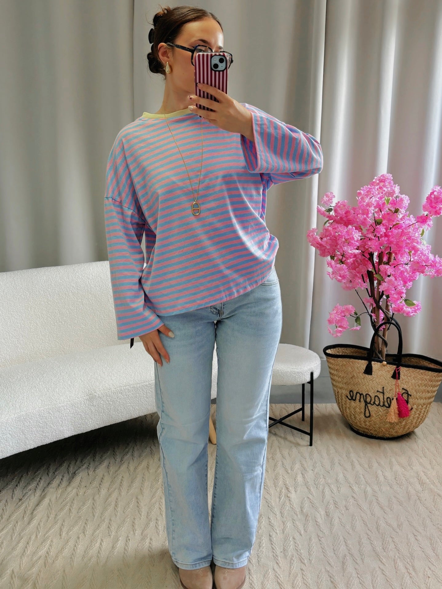 T-shirt MARINE rose et bleu col jaune