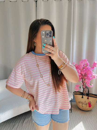 T-shirt MARINE rose clair et blanc
