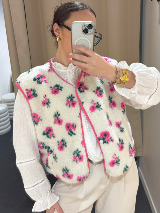 Veste ROSALIE blanche fleurs roses