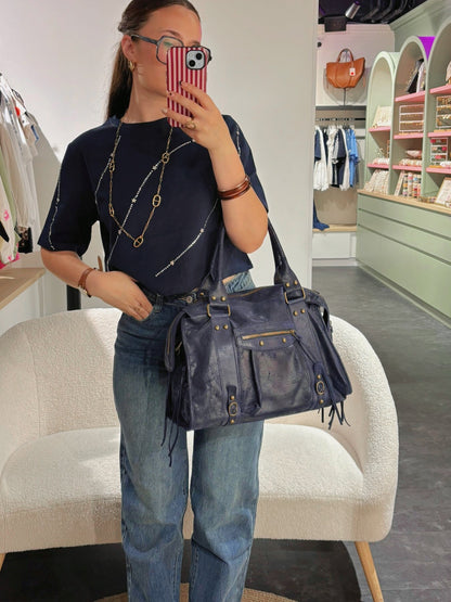 Sac PANAM cuir bleu mat GRAND modèle