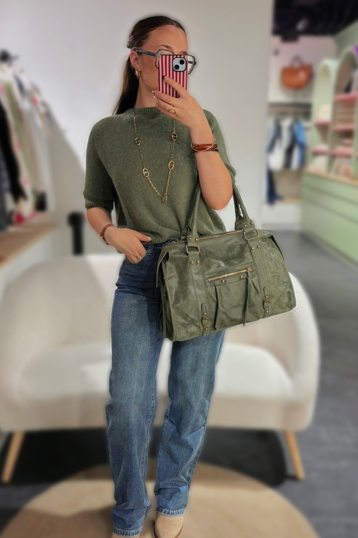 Sac PANAM cuir kaki mat GRAND modèle