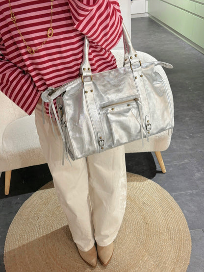 Sac PANAM cuir argenté GRAND modèle