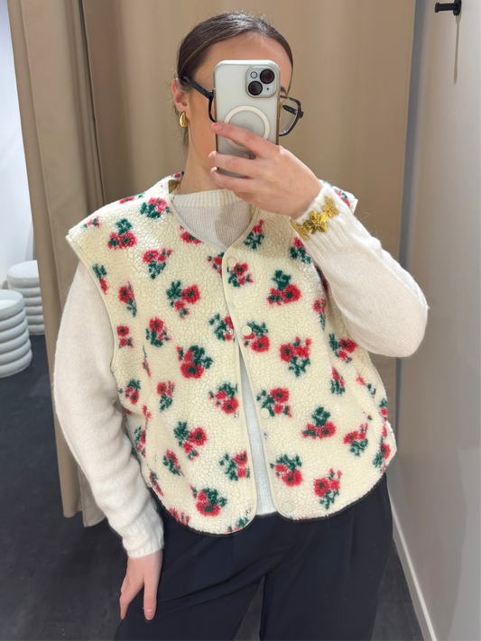 Veste ROSALIE écrue fleurs rouges