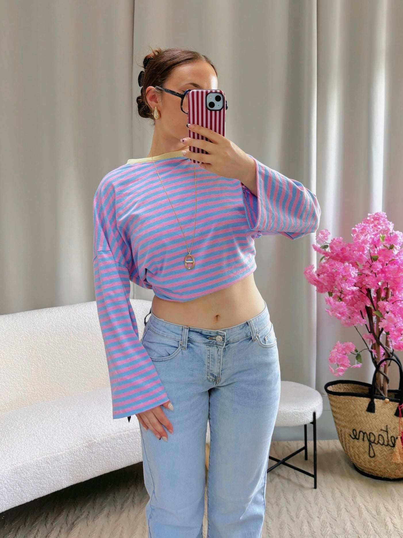 T-shirt MARINE rose et bleu col jaune
