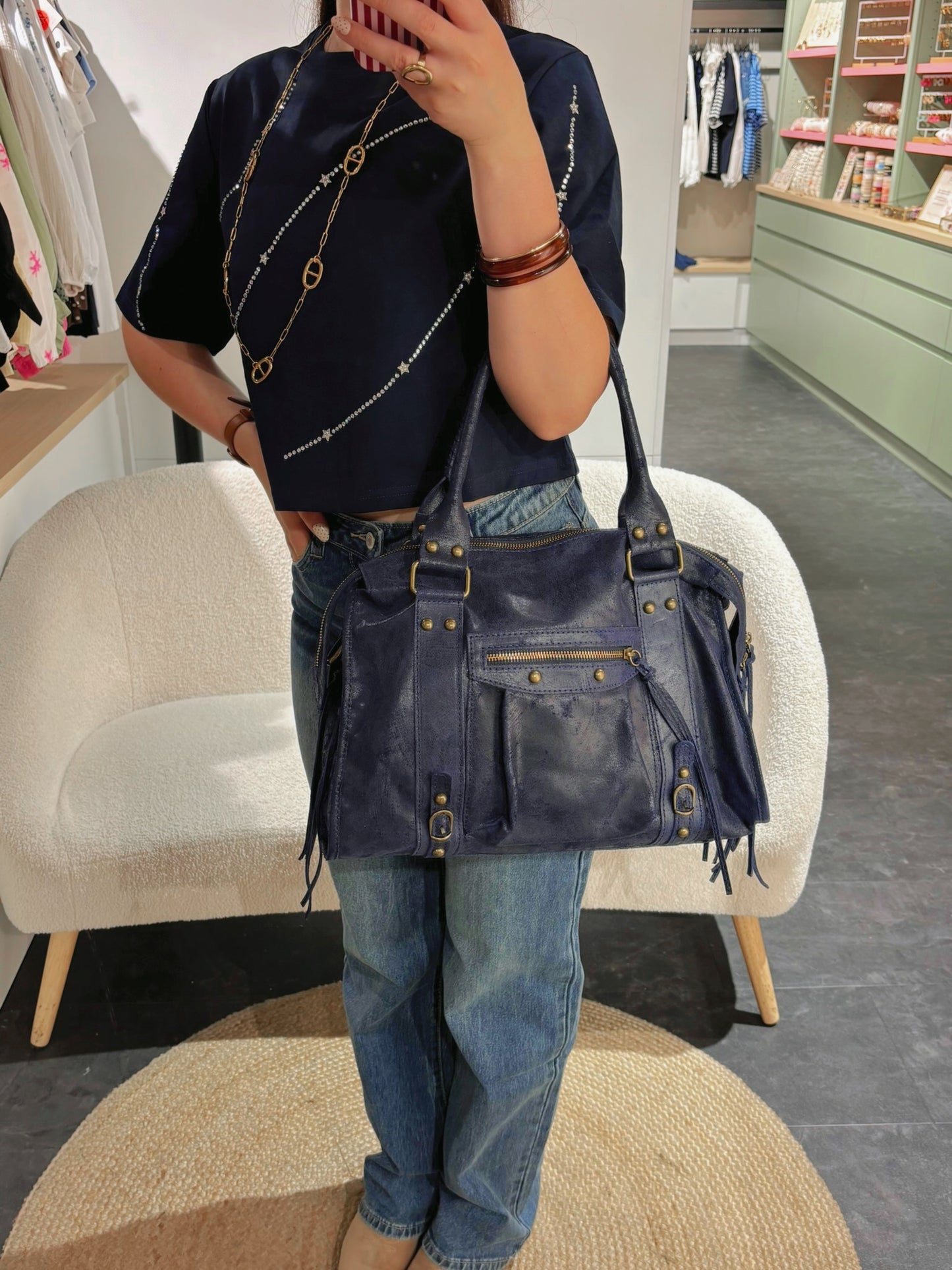 Sac PANAM cuir bleu mat GRAND modèle