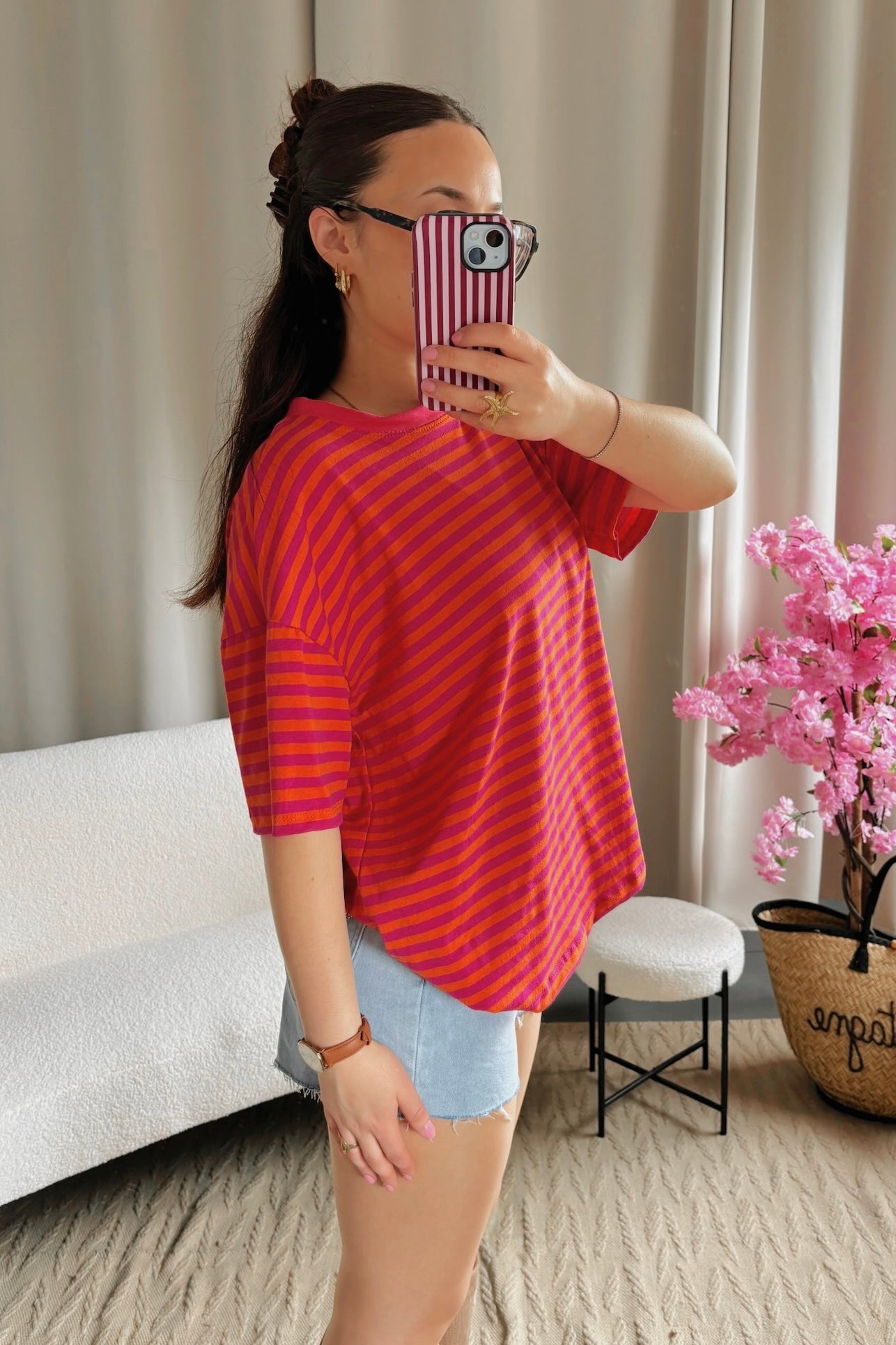 T-shirt MARINE orange et rose fuchsia