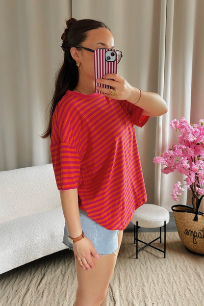 T-shirt MARINE orange et rose fuchsia