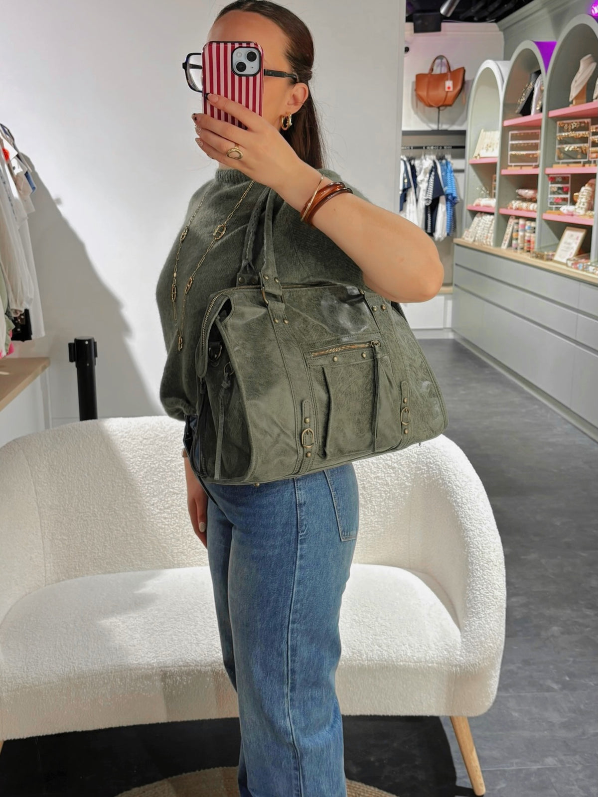 Sac PANAM cuir brossé kaki GRAND modèle
