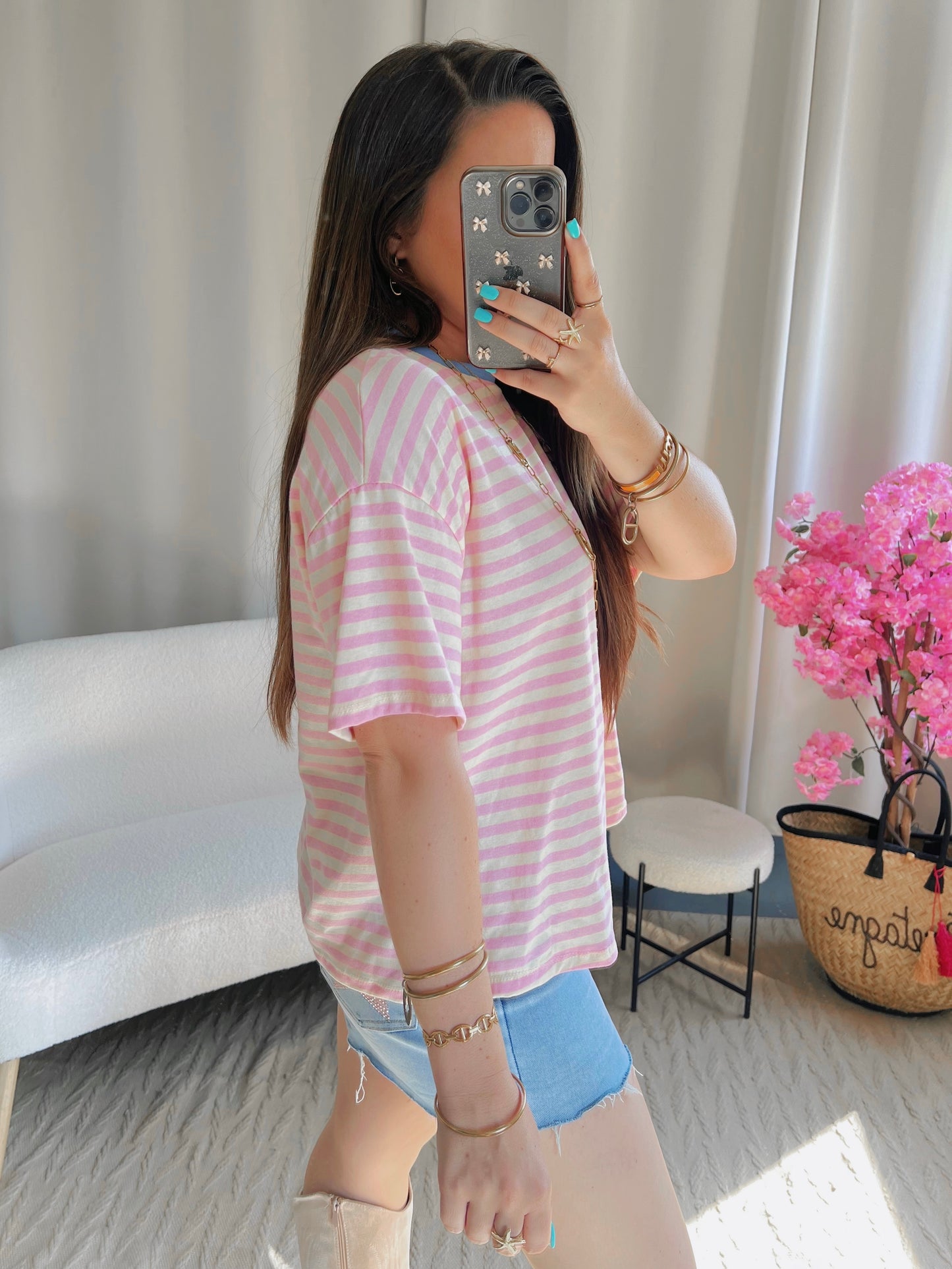 T-shirt MARINE rose clair et blanc