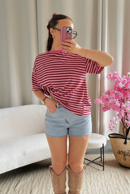 T-shirt MARINE bordeaux et rose