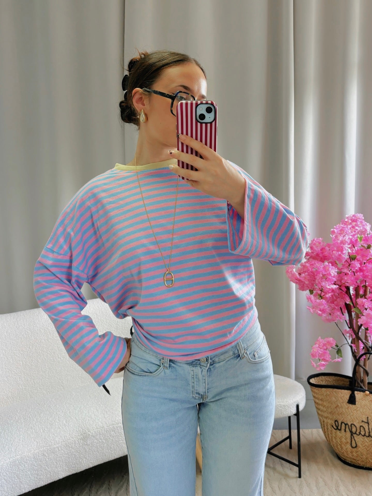 T-shirt MARINE rose et bleu col jaune