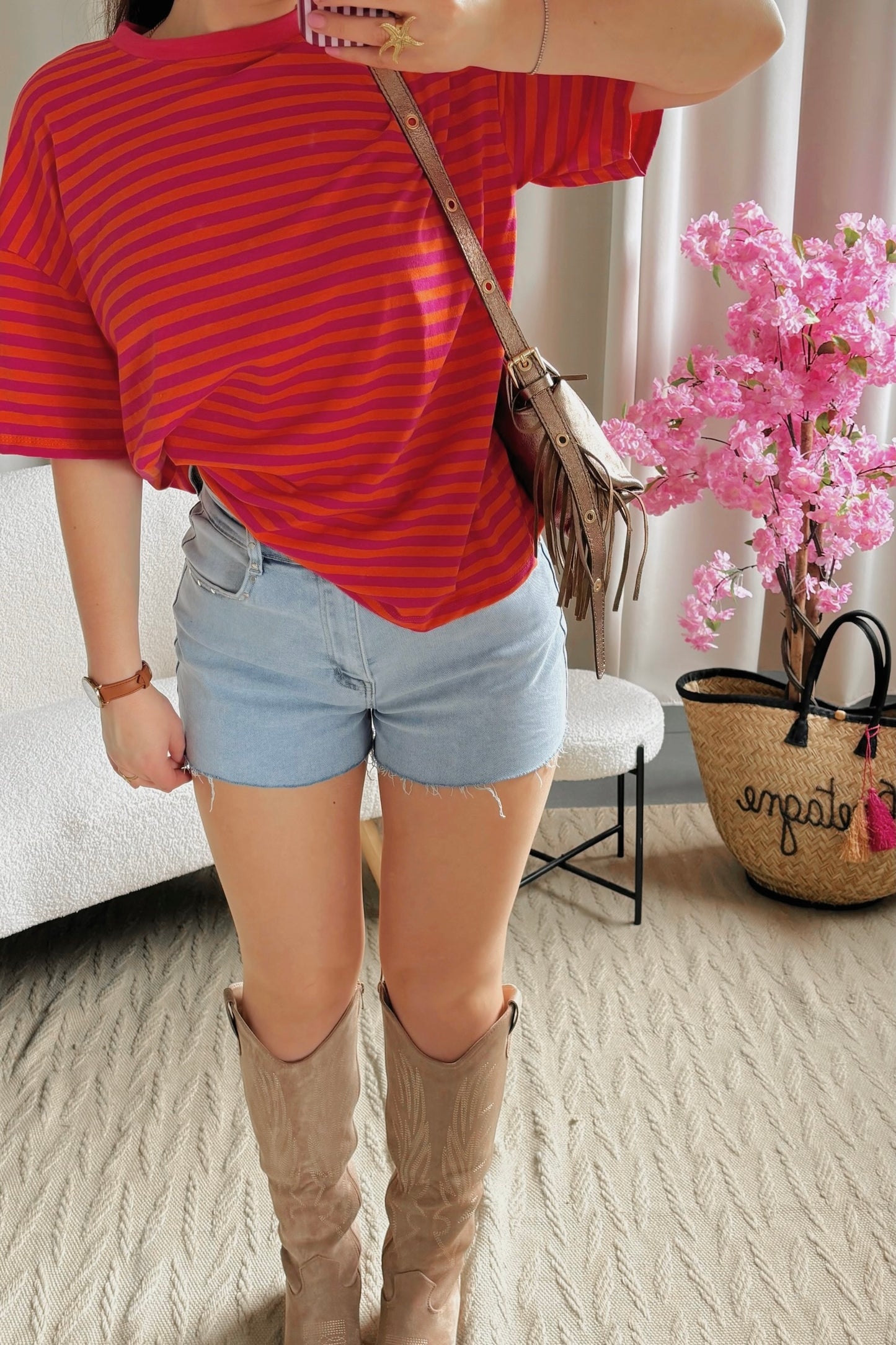 T-shirt MARINE orange et rose fuchsia
