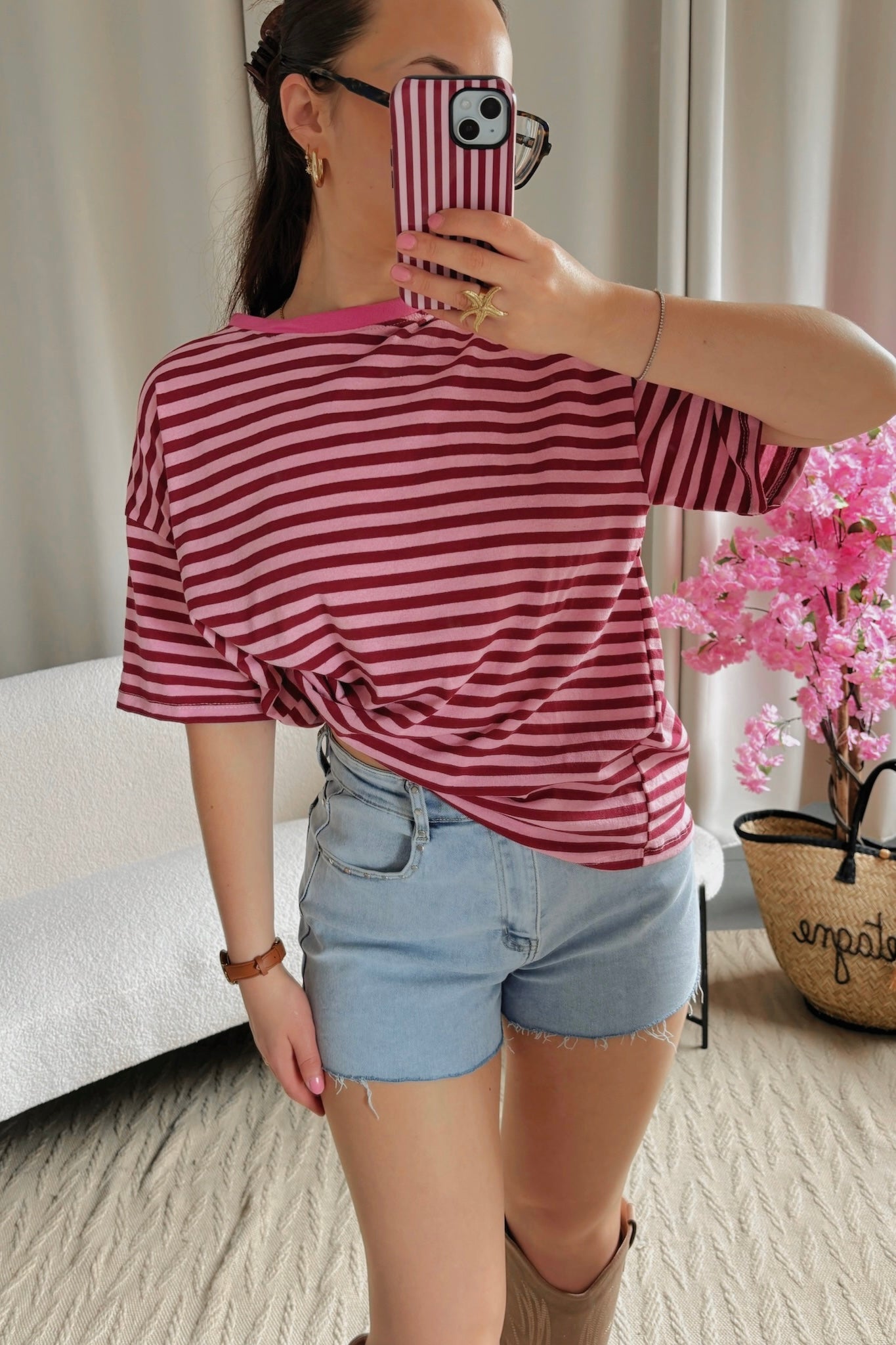 T-shirt MARINE bordeaux et rose