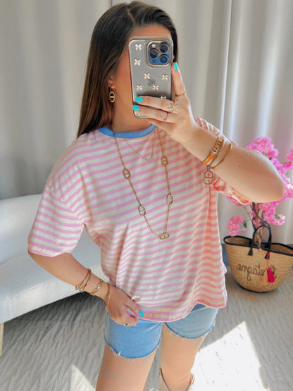 T-shirt MARINE rose clair et blanc