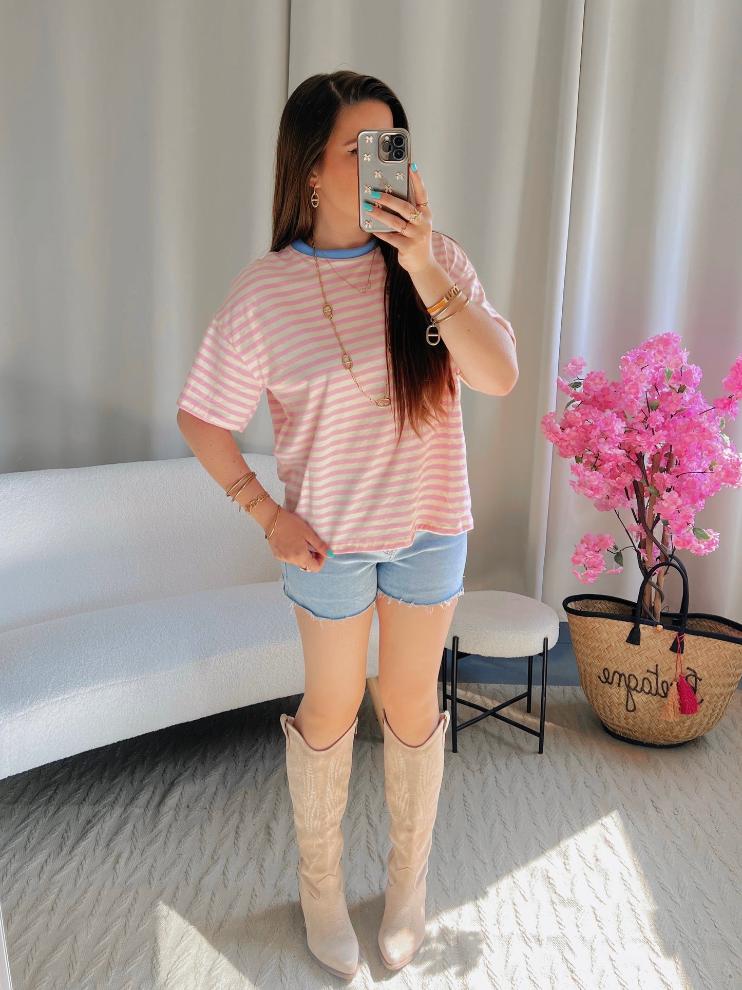 T-shirt MARINE rose clair et blanc