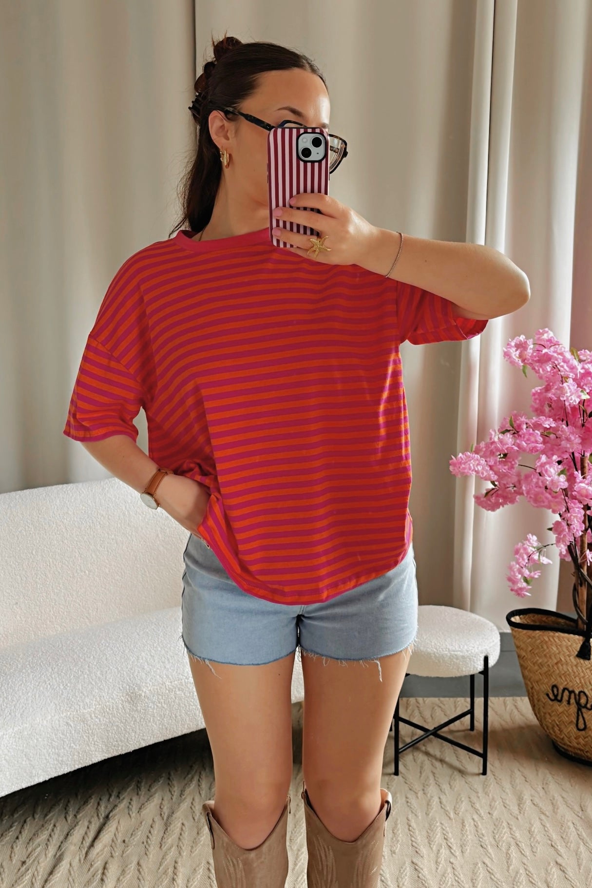 T-shirt MARINE orange et rose fuchsia