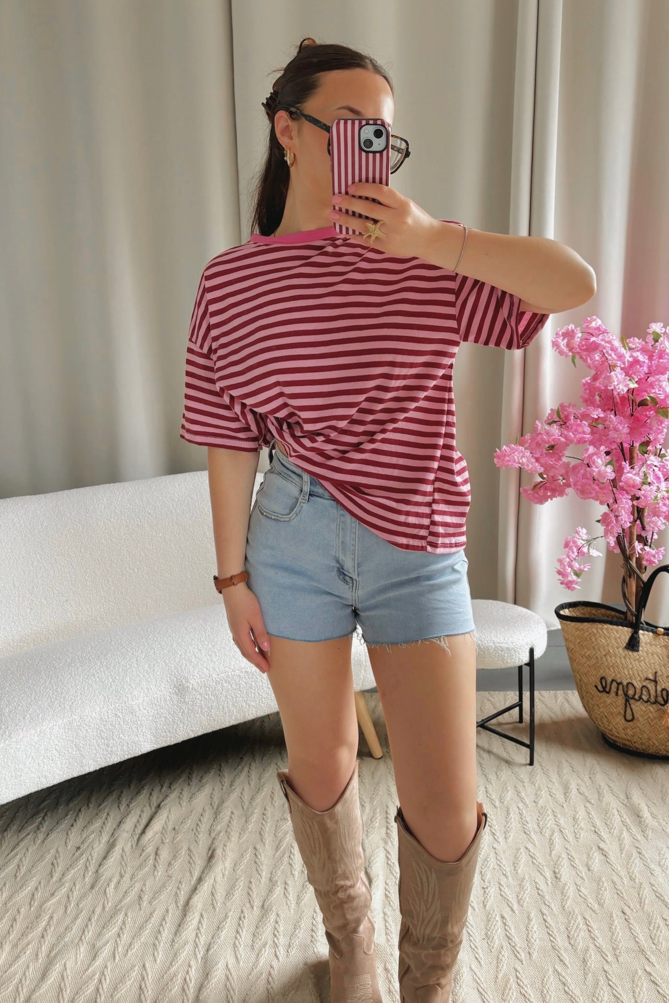 T-shirt MARINE bordeaux et rose