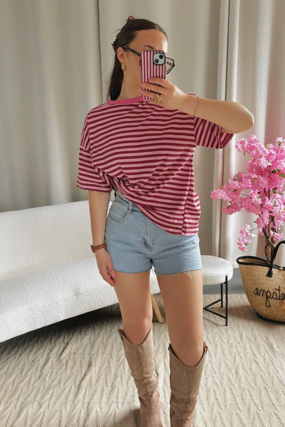 T-shirt MARINE bordeaux et rose