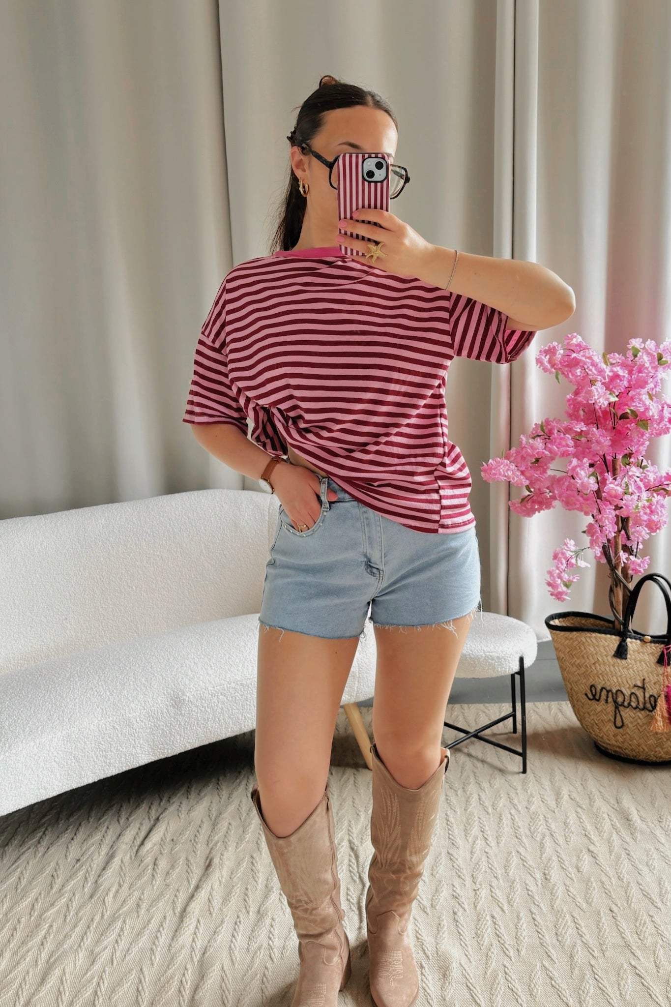 T-shirt MARINE bordeaux et rose