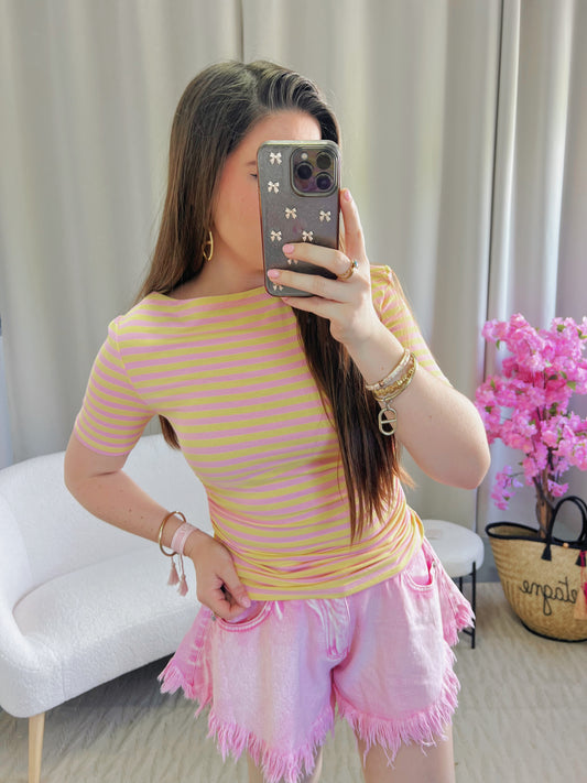T-shirt MARINE jaune et rose