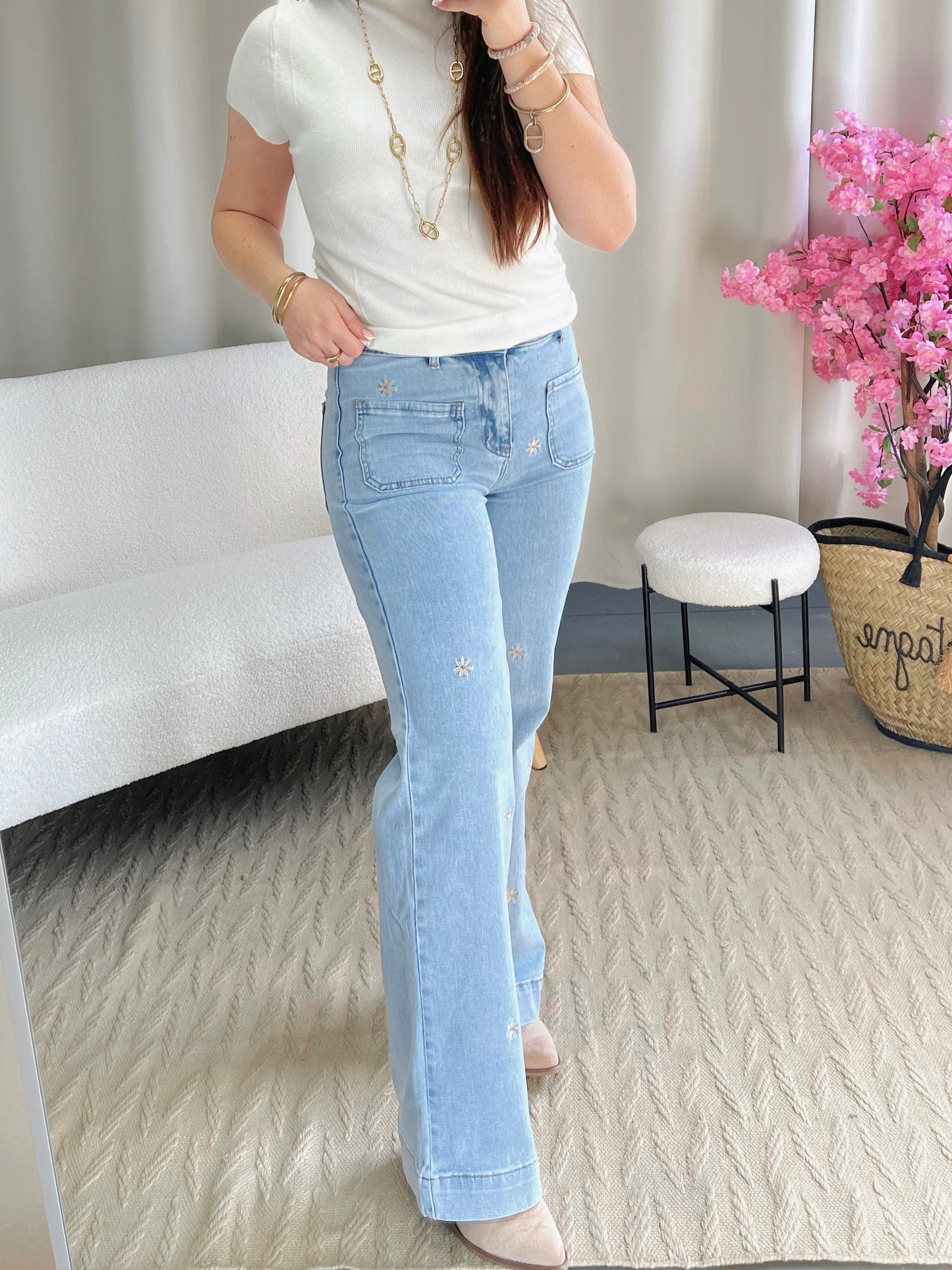 Jean FLY bleu broderies fleurs