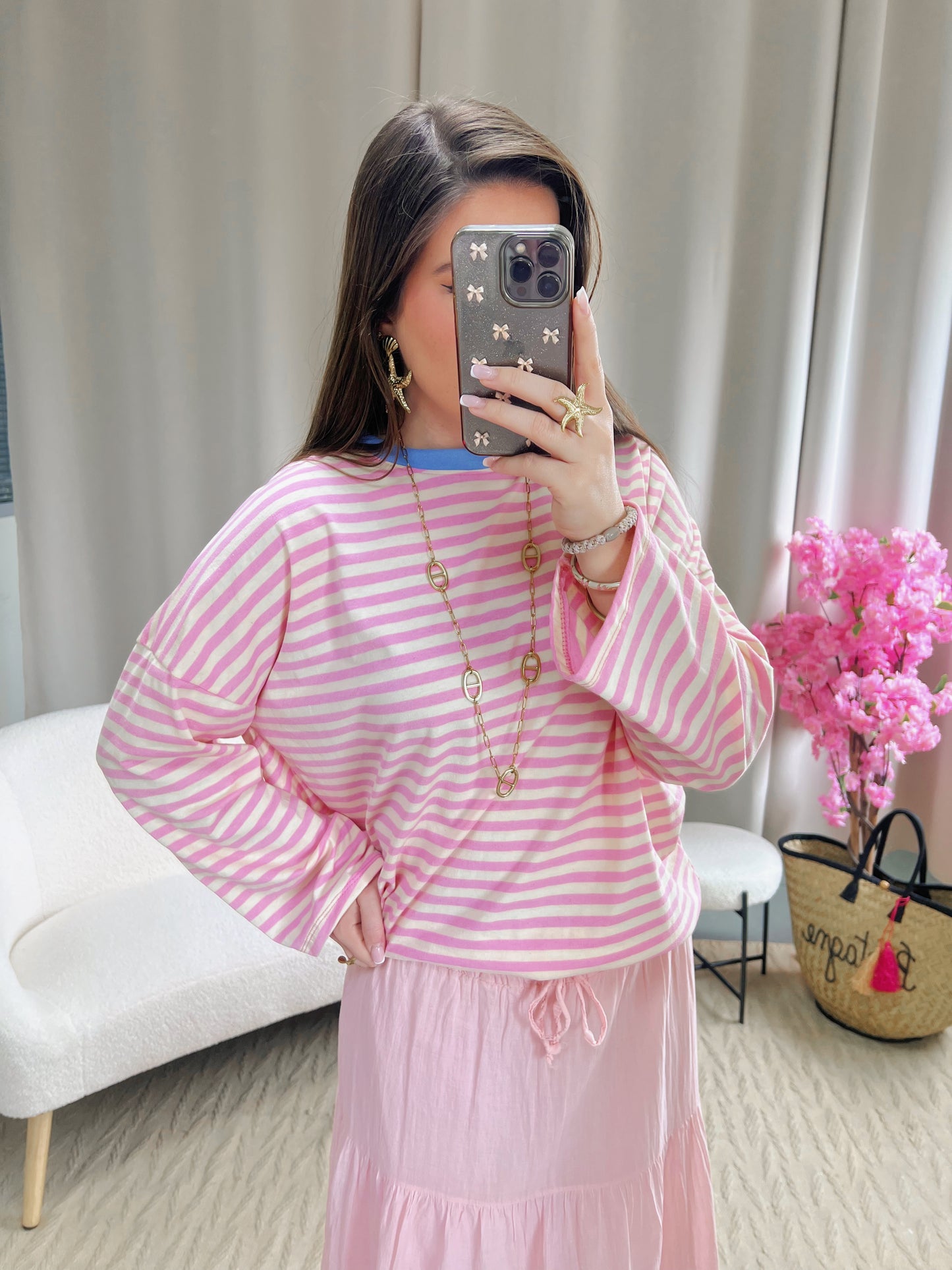 T-shirt MARINE rose clair et blanc